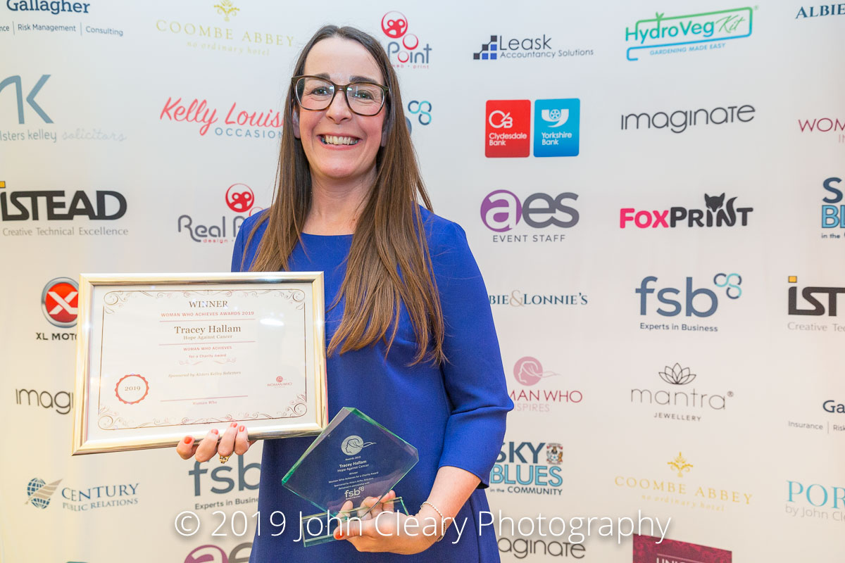 Congratulations Tracey Hallam, Hope Against Cancer, Winner of the Woman Who Achieves for a Charity Award 2019 Sponsored by Alsters Kelley Solicitors